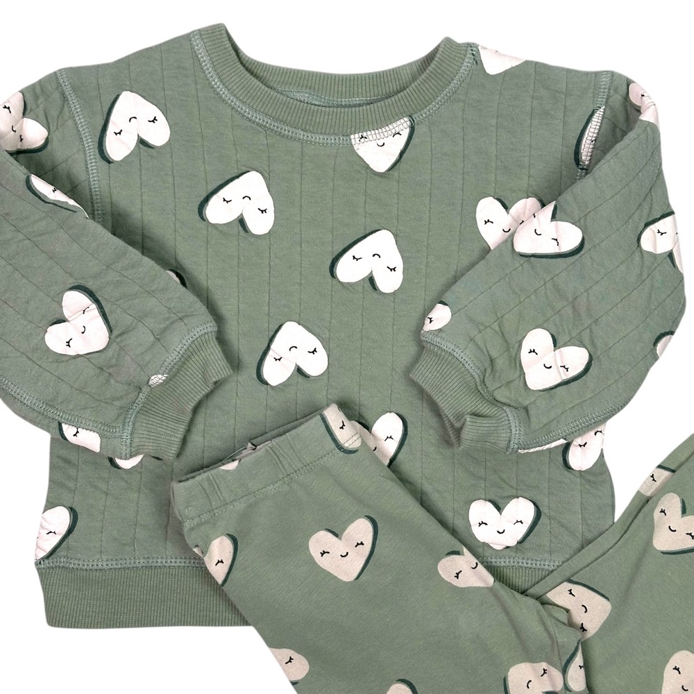 H&M Heart Quilted Sweatshirt & Leggings Set Kids 3T Green Casual Playwear - Picture 2 of 7